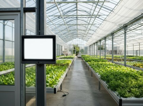 Inside a bright, modern greenhouse with neat rows of green crops. A smart control panel is mounted at the entrance, with absolutely, numbers, or brand logos. Minimalist interior screen mockup