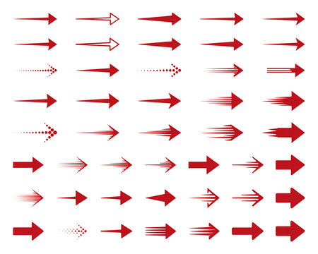 Collection of red directional arrow graphics with speed motion effects direction collection movement illustration pointing navigation abstract elements business isolated