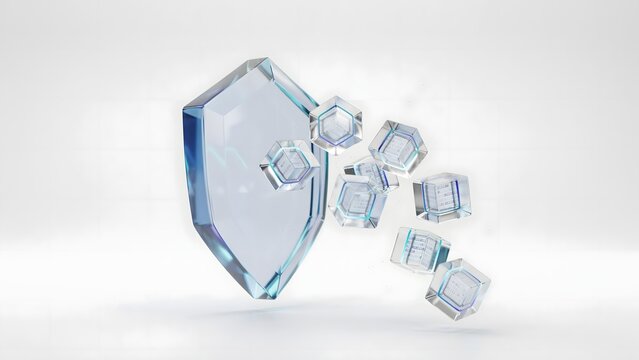 Crystal shield safeguarding floating data cubes for digital security &ndash; Suitable for endpoint security, firewall software, or data protection services.