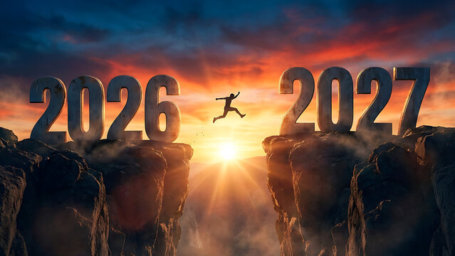 Conceptual leap from 2026 to 2027 over rocky mountain chasm at sunset with mountain, progress