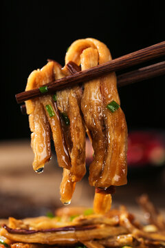 Stir Fried Eggplant Strips with Chopsticks - Asian Vegetable Dish Cooking