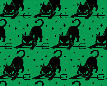 Green repeat pattern design with black cat and pitch fork, seamless background design in vector for Halloween invites or witchy fabric 