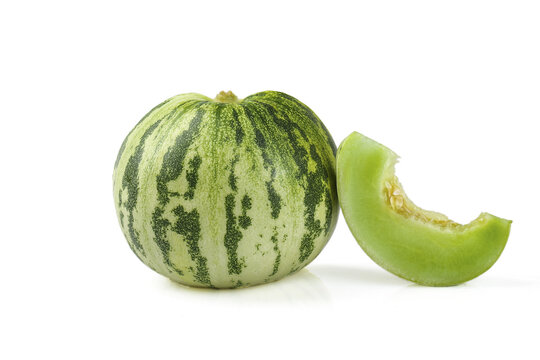 Fresh Green Striped Melon with Slice on White Background