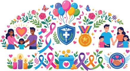 Naklejka premium Breast cancer awareness community support vector featuring diverse families, pink ribbons, fundraising, and celebratory elements, in a vibrant flat design style