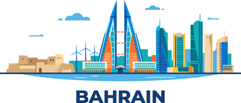 A colorful minimalist illustration featuring the iconic modern skyline and skyscrapers of manama city in bahrain
