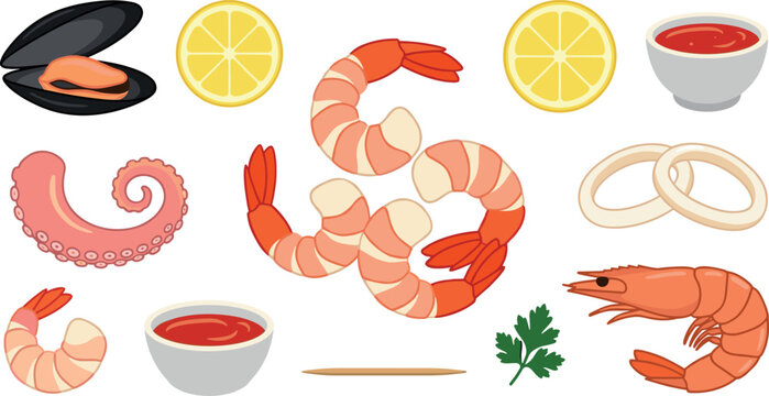Flat vector illustration of fresh marine food ingredients with boiled shrimp octopus kalamari rings mussels dipping sauce and lemon wedges