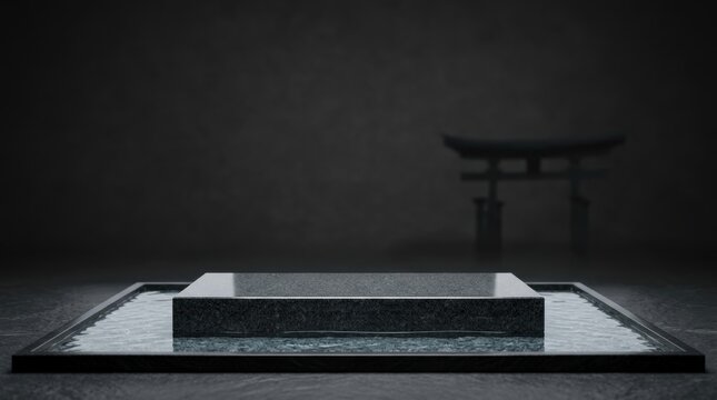 Modern black podium for product display with water reflective surface and minimalist design