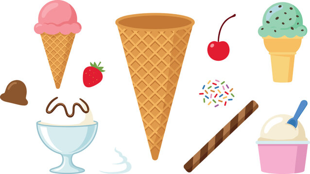 Sweet frozen dessert food collection flat vector illustration with ice cream cones sundae glass bowl sprinkles chocolate roll and strawberry