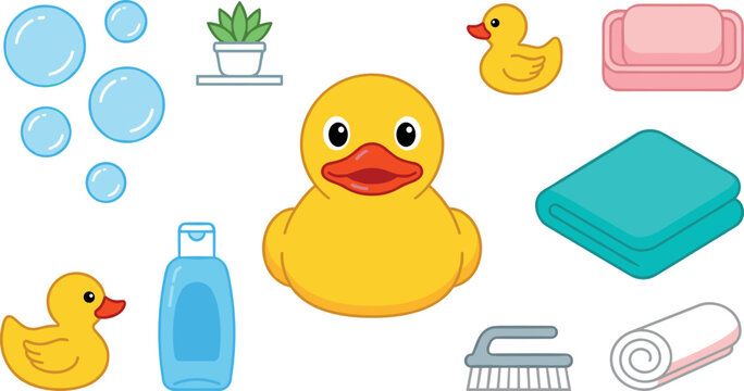 Baby bath time vector element set featuring yellow rubber ducks soap dish shampoo bottle folded towels bubbles brush and small potted plant