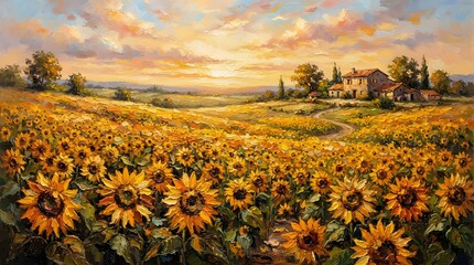 Fototapeta premium Oil painted sunlit sunflower field in the countryside at sunset high quality 4K
