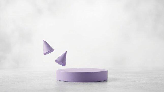 Purple podium 3D render with floating cones on white background product display