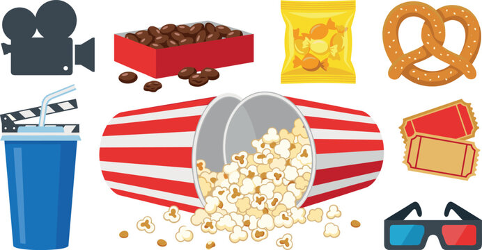 Movie theater snacks vector element set featuring spilled popcorn bucket soda cup pretzel chocolate candy clapperboard tickets camera and 3d glasses