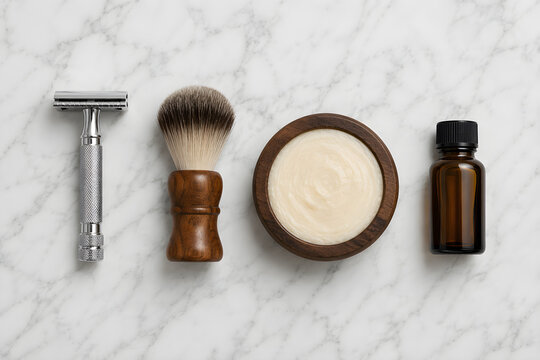 Luxury Masculine Shaving Kit Flat Lay with Safety Razor Brush Soap Bowl and Amber Bottle on White Marble, Fathers Day Premium Grooming Gift for Dad, Elegant Barbershop Product Photography