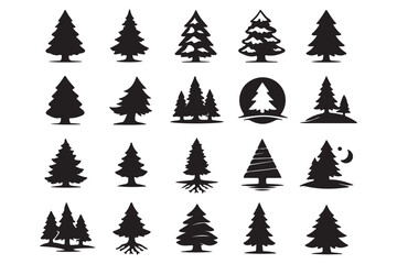 Obraz premium Pine tree silhouette vector set, fir tree vintage forest nature evergreen collection illustration