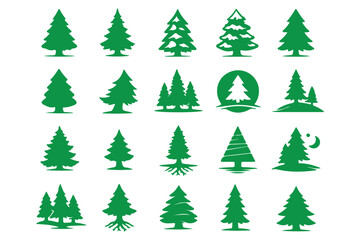Obraz premium Pine tree silhouette vector set, fir tree vintage forest nature evergreen collection illustration