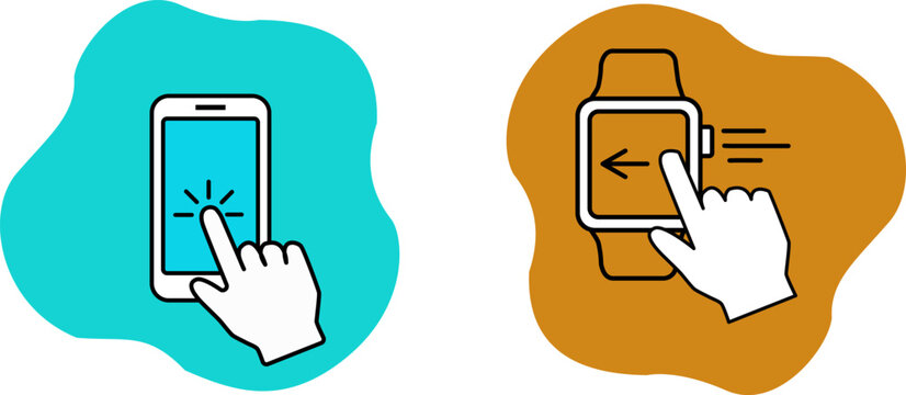 Mobile interaction icons set. Smartphone touch screen tapping icon. Smartwatch swiping motion gesture. Vector graphics on abstract colorful backgrounds for mobile app design.