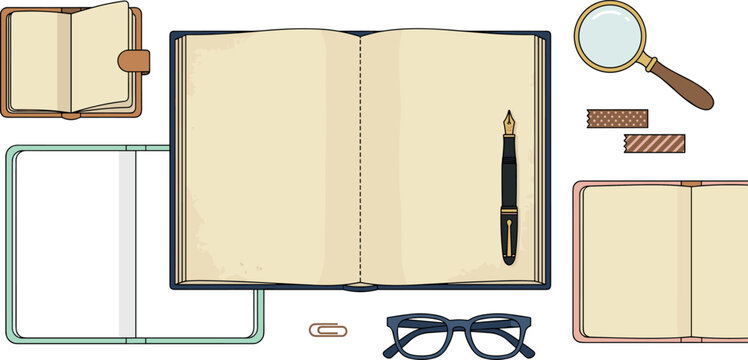 Vintage stationery vector element set featuring open notebooks fountain pen magnifying glass eyeglasses paperclip and tape isolated on white background