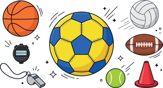 Sports equipment vector element set with colorful soccer ball basketball football volleyball tennis ball stopwatch whistle and cone isolated on white background