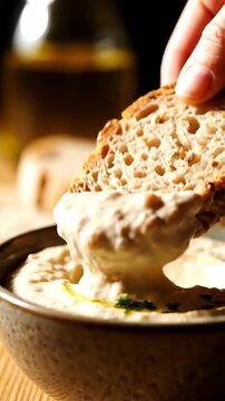 Dipping bread into a savory dip with olive oil and herbs
