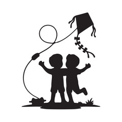 Two Happy Boys Flying a Kite Silhouette Vector Illustration Isolated on White Background