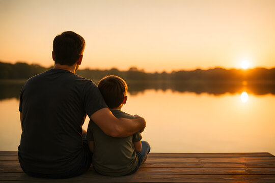 Father and son sitting together on wooden dock pier from behind contemplating golden sunset over calm lake, arm around child, fatherhood family bond, fathers day concept, copy space sky
