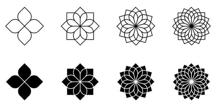 Geometric flower icon set. Minimal floral symbols with lotus-inspired petals, circular mandala shapes and ornamental line patterns. Outline and solid vector illustrations with editable stroke