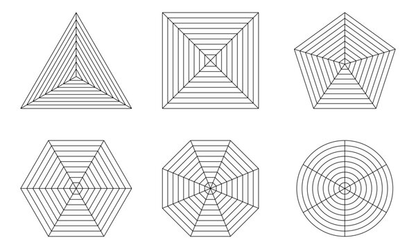 Radar chart template set. Triangle square pentagon hexagon octagon and circular diagram. Grids for statistics, performance analysis, business reports, skill assessment. Editable stroke vector
