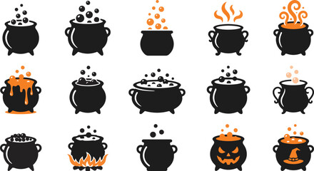 Witch cauldron icons with magic potion and steam, cauldron © rahima96