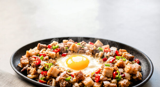 Macro view of steaming hot pork sisig with egg yolk.
