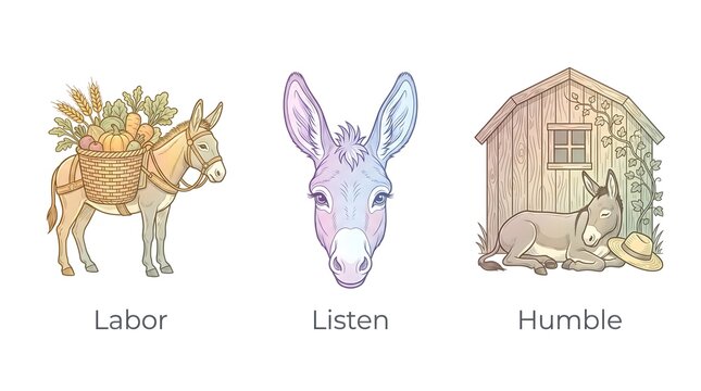 Clean minimal vector line-art infographic icon set featuring a donkey carrying a highly detailed, a donkey head emphasizing its large, and a donkey resting peacefully beside a rustic.