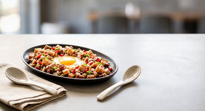 Filipino pork sisig served on cast iron plate in restaurant.
