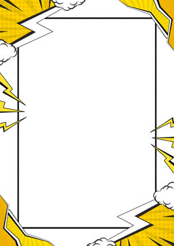 Yellow comic book style border frame with lightning bolts and halftone texture lightning halftone background template abstract illustration storytelling creative decorative artistic