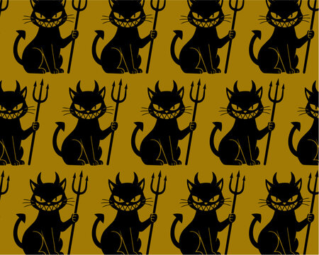 Devil cat repeat pattern design in vector with the kitty having a big evil grin