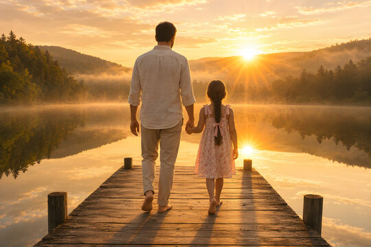 Father and daughter walking hand in hand on wooden pier over calm lake at golden sunrise with morning mist both seen from behind parent child bonding peaceful nature family love fathers day