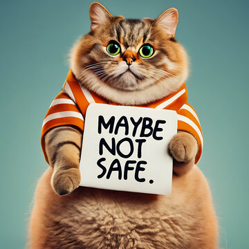 Funny fluffy cat wearing striped shirt holding a warning sign that says maybe not safe with humorous domestic portrait expressive whimsical character communication