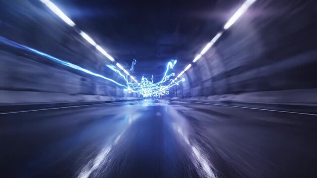 Abstract motion blur in tunnel with blue lights.