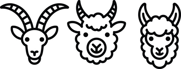 Fototapeta premium Set of cute farm animal face line icons featuring an ibex a ram a sheep for agricultural design livestock agriculture illustration collection creature domestic minimalist isolated