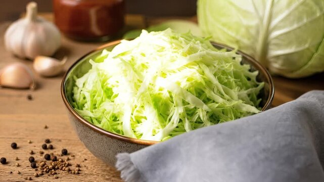 Shredded cabbage in a bowl with garlic and spices on wooden table  