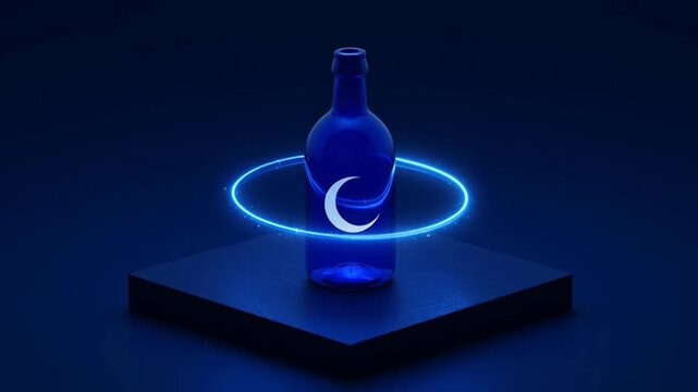 Abstract 3D Animation Featuring A Glowing Blue Bottle With A Rotating Neon Crescent Moon Ring.