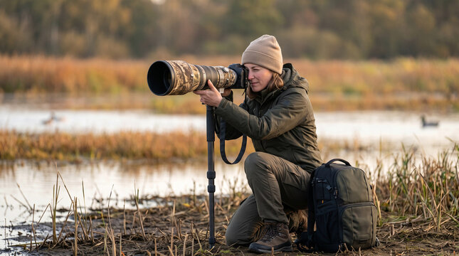 Bird photographer with telephoto lens 