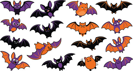 Fototapeta premium Set of cute cartoon bats in various poses for a fun and spooky happy halloween day celebration design