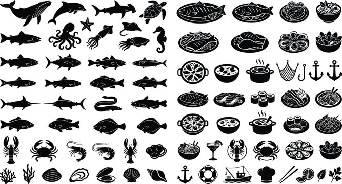 Oceanic Sea Life and Gourmet Seafood Solid Silhouette Icon Combo with Marine Wildlife Deepwater Fish Fresh Shellfish Cooked Cuisine Plates and Fishing Industry Elements