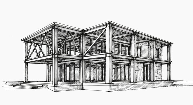 Structural frame construction demonstrates an open concept layout within this detailed graphite architectural rendering.