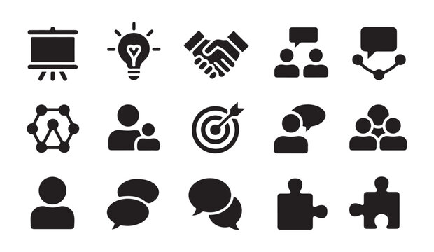 Business meeting and strategy icons set featuring brainstorming session handshake target and communication bubble.