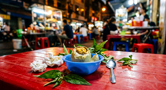 Balut Fertilized Duck Egg in Blue Bowl at Asian Night Market Street Food