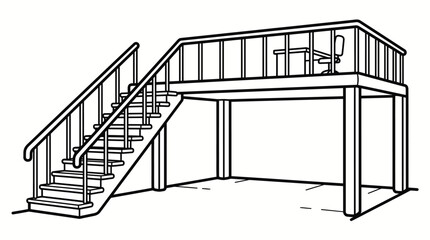 Black and white line drawing of an interior loft structure with stairs leading to a raised platform featuring a desk and chair, with open space underneath. © Fahlevi