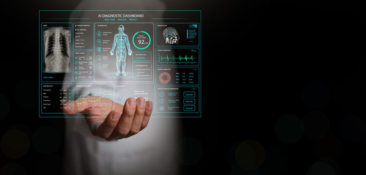 Futuristic AI diagnostic dashboard above doctor hand on dark copy space. Patient analytics, medical imaging, laboratory data, vital signs, and artificial intelligence predictive healthcare insights.