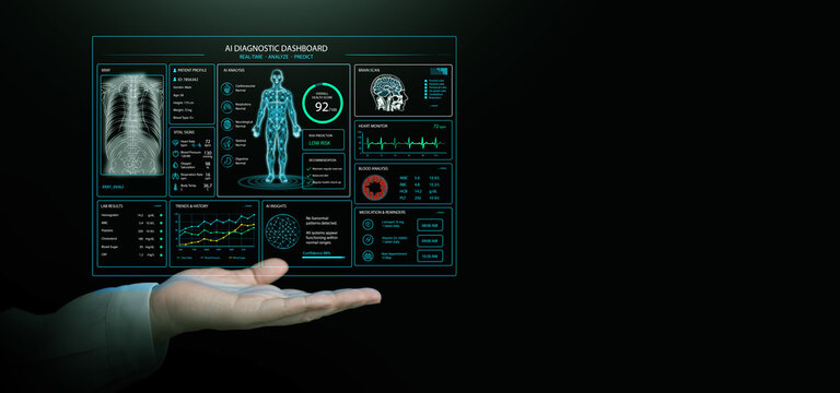 Futuristic AI medical dashboard with patient health analytics on dark copy space. Diagnostic imaging, vital signs, laboratory data, predictive clinical insights for intelligent healthcare monitoring.