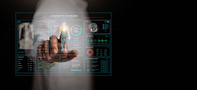 AI powered medical diagnostic dashboard displaying patient health analytics, medical imaging, vital signs, laboratory results, and predictive clinical decision support in a futuristic interface.