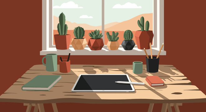 Cozy Home Office Desk Near Window with Cactus Plants and Book